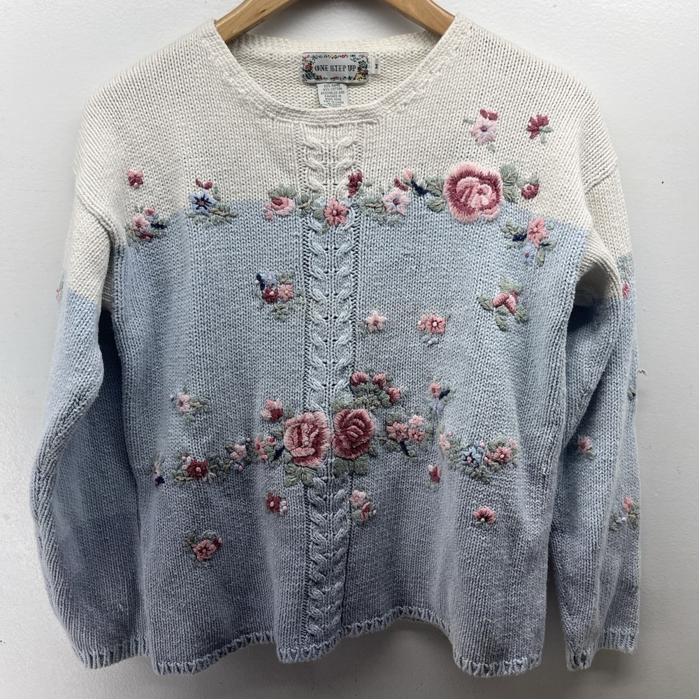 Vintage Grandma Sweater Knit Floral Blue Cream Women's Petite Medium One Step Up